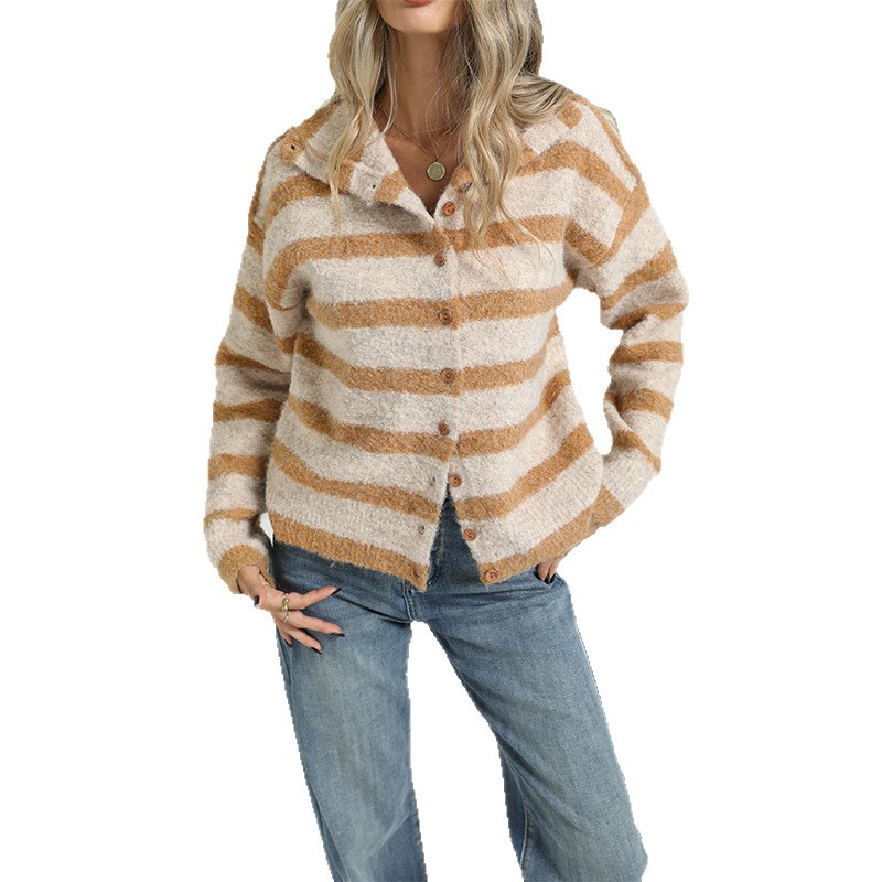 Women's Button-Up Stand Collar Striped Colorblock Knit Cardigan