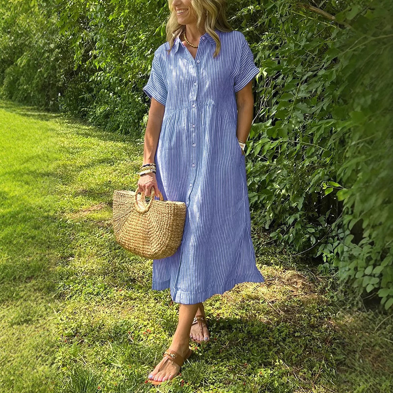 Women's Striped Short Sleeve Shirt Dress Loose Plus Size Casual Midi