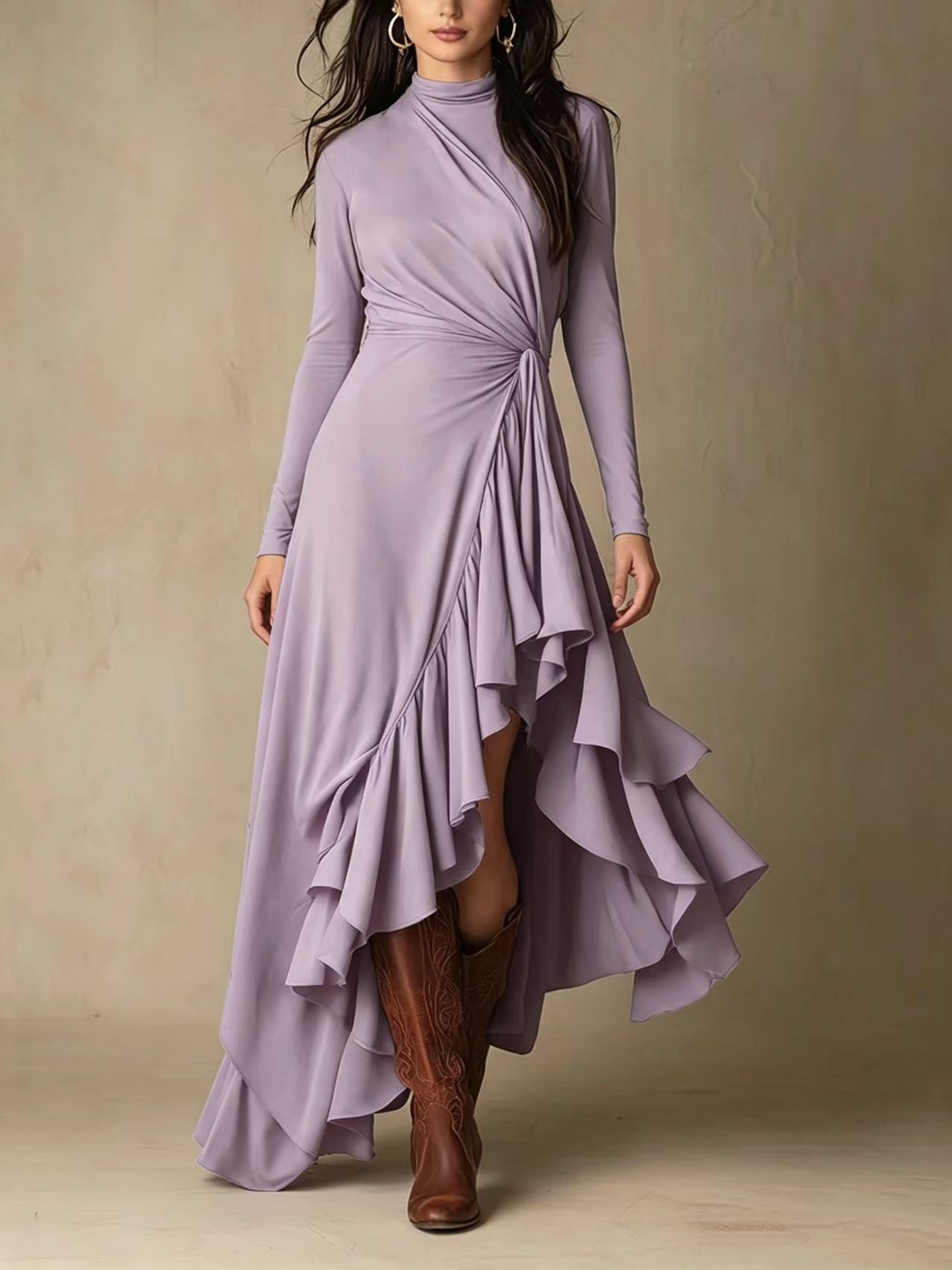 Elegant Solid Long Sleeve Asymmetrical Ruffle Midi Dress