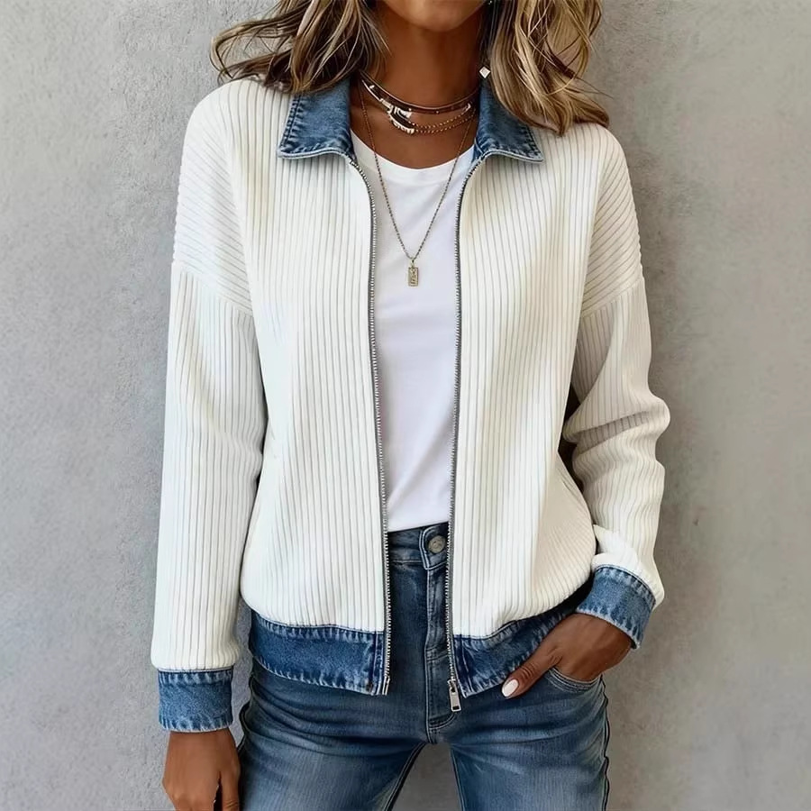 Women's Knit Spliced Denim Shirt Jacket Long Sleeve Open Front