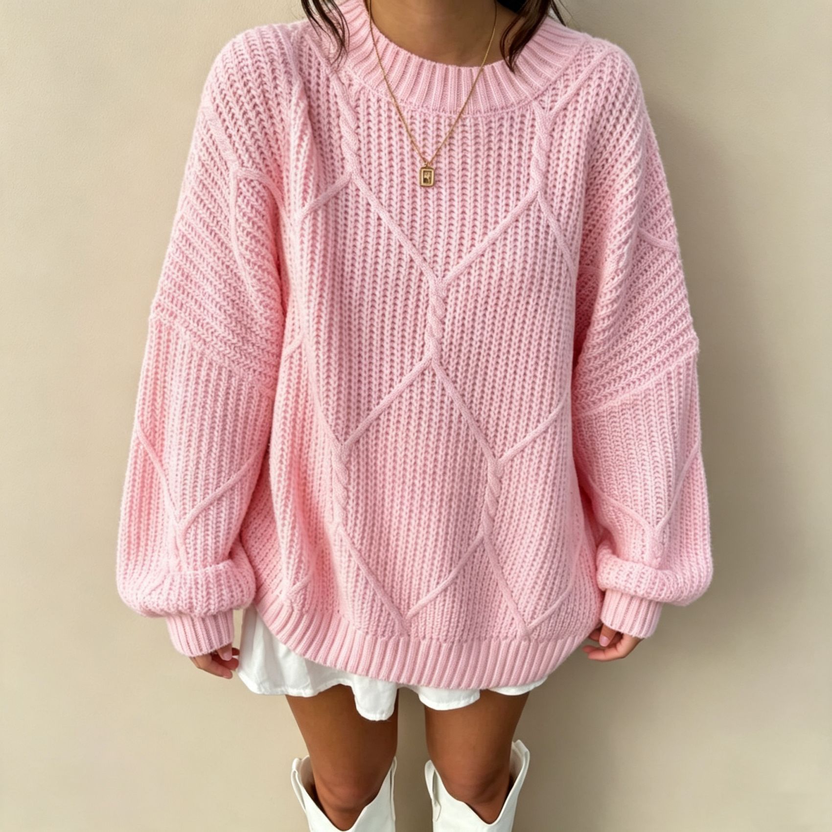 Women's Cable Knit Diamond Crewneck Pullover Sweater