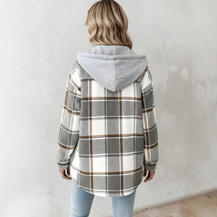 Fleece-Lined Plaid Hooded Jacket for Women