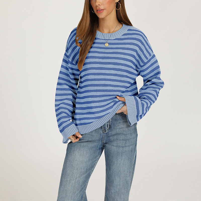 Striped Knit Pullover Sweater, Loose Fit Crew Neck Long Sleeve