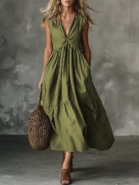 Solid Sleeveless Deep V-Neck A-Line Maxi Dress