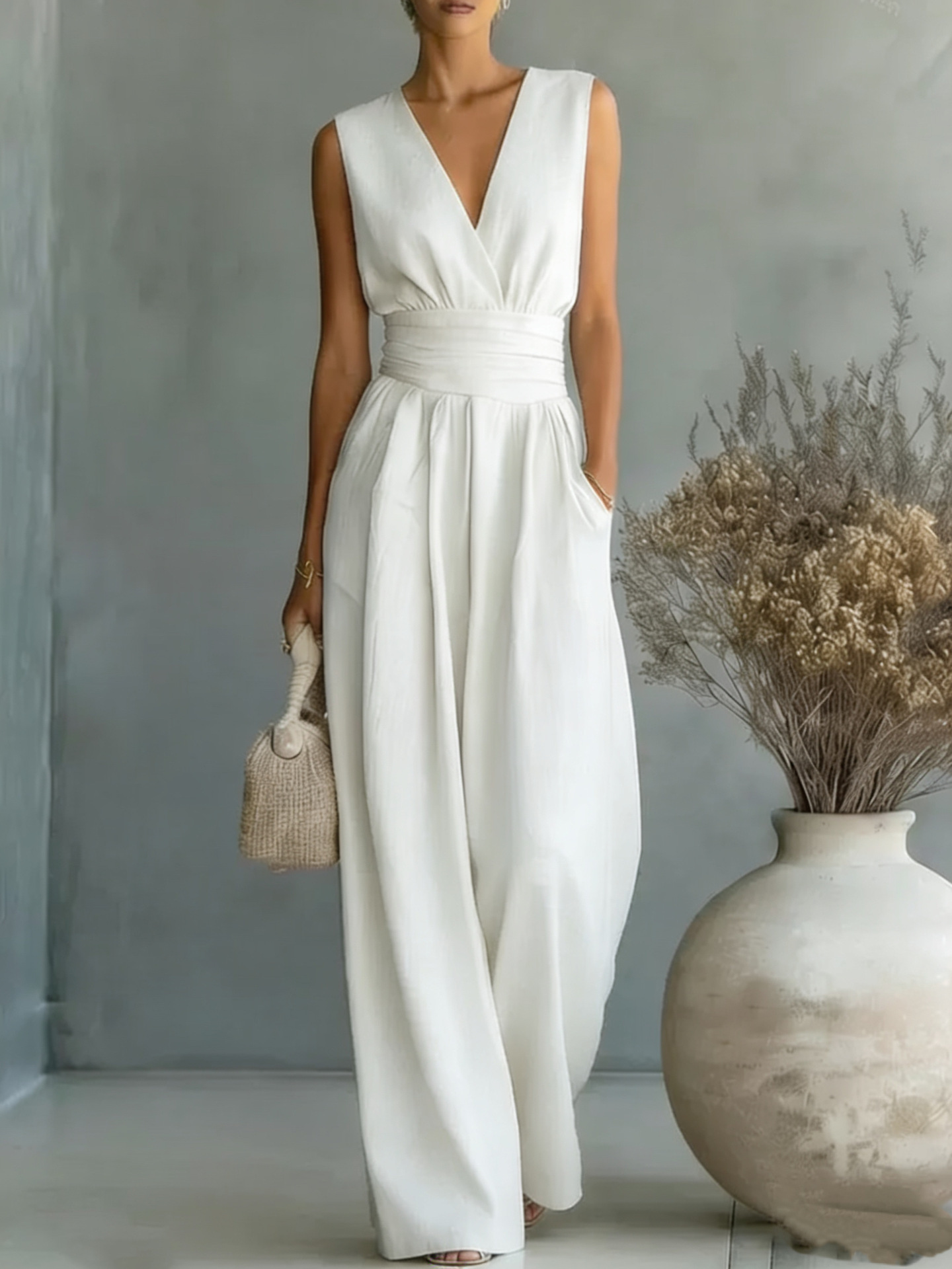 Elegant Sleeveless V-Neck Wide-Leg Jumpsuit with Cinched Waist