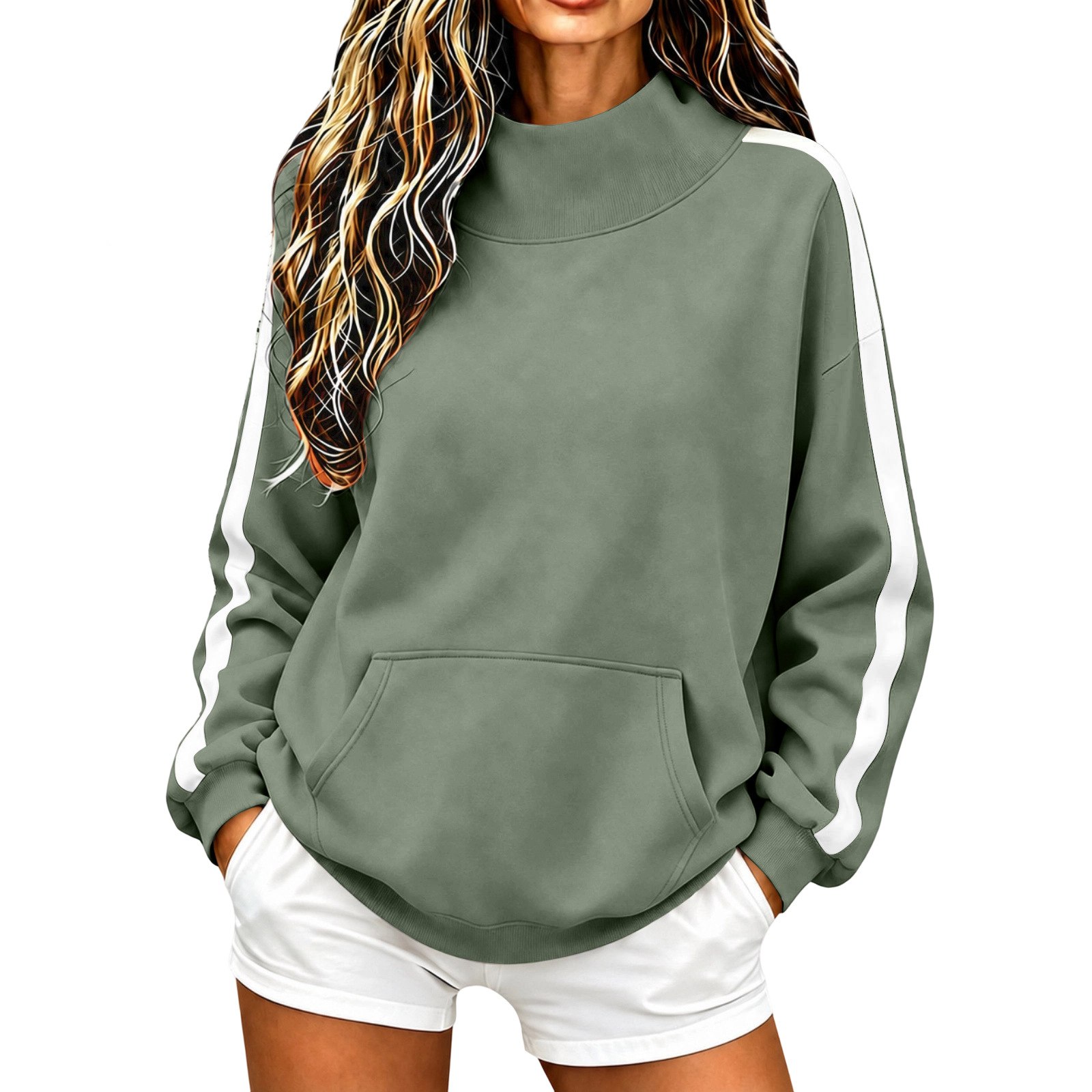 2026 Cross-Border European & American Autumn/Winter New Women's High Neck Ribbed Sweatshirt Loose Casual Sporty Style Sleeve Stripe Sweatshirt Women