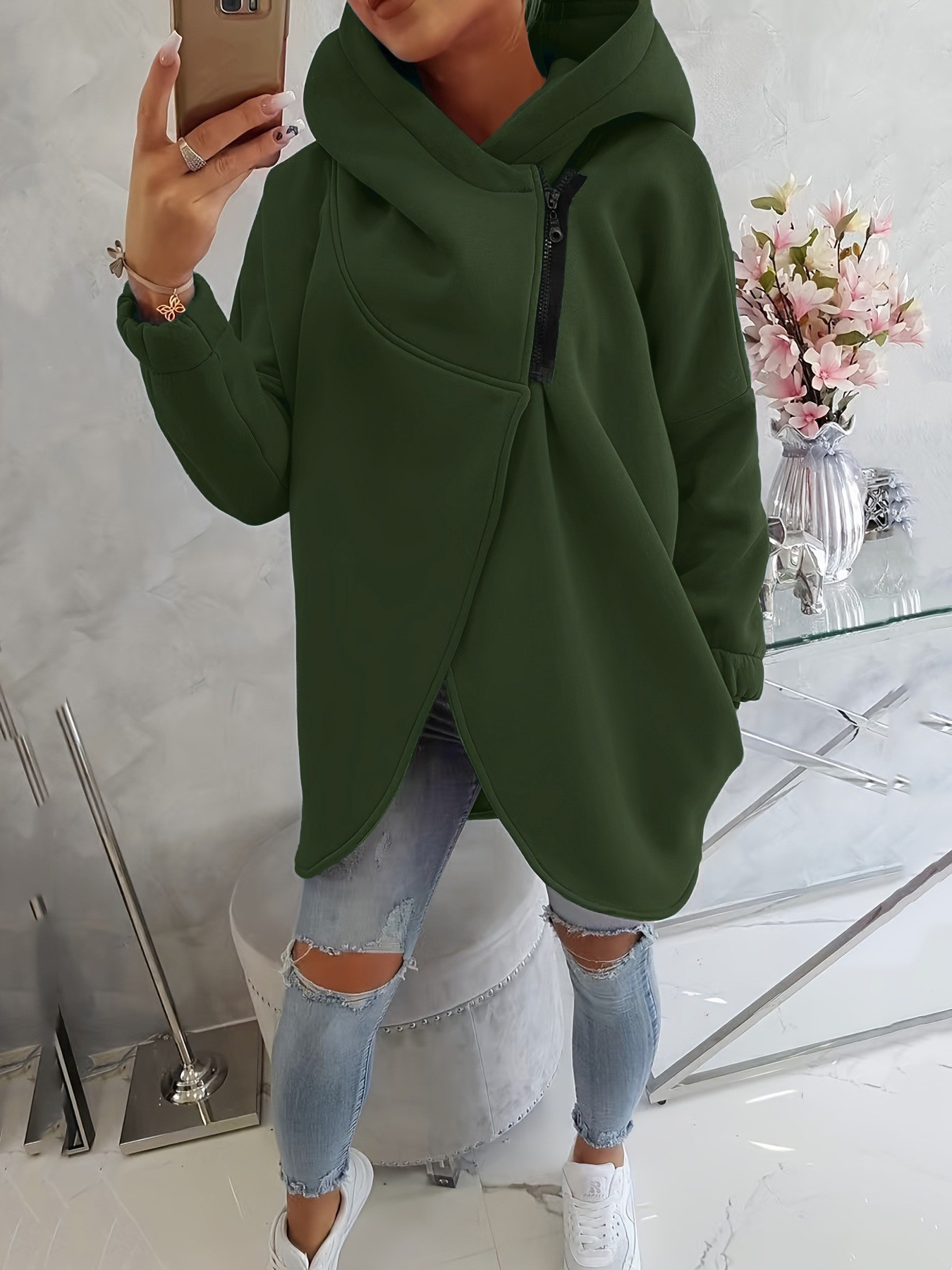 Women's Long-Sleeve Black Hooded Zip-Up Jacket with Front Pockets