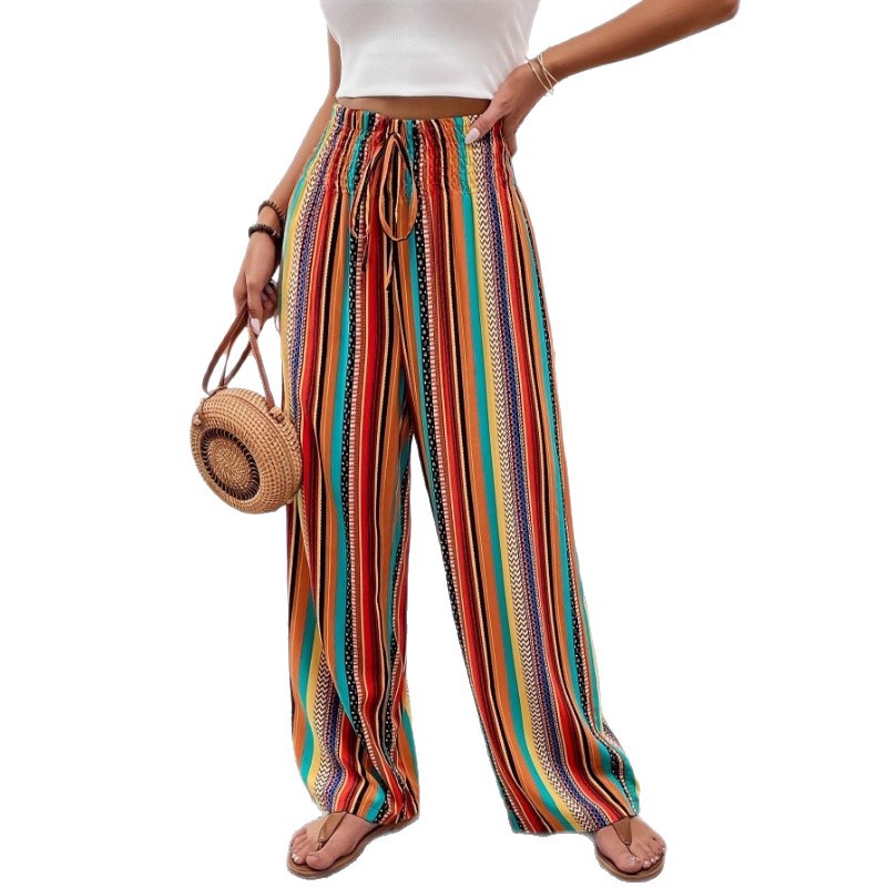 Women's Striped Wide-Leg Casual Pants with Elastic Waist