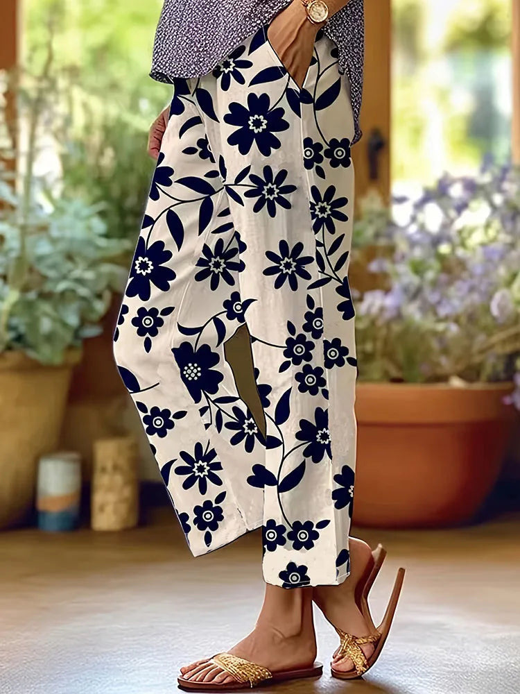 Women's Striped & Floral Print Straight-Leg Casual Pants