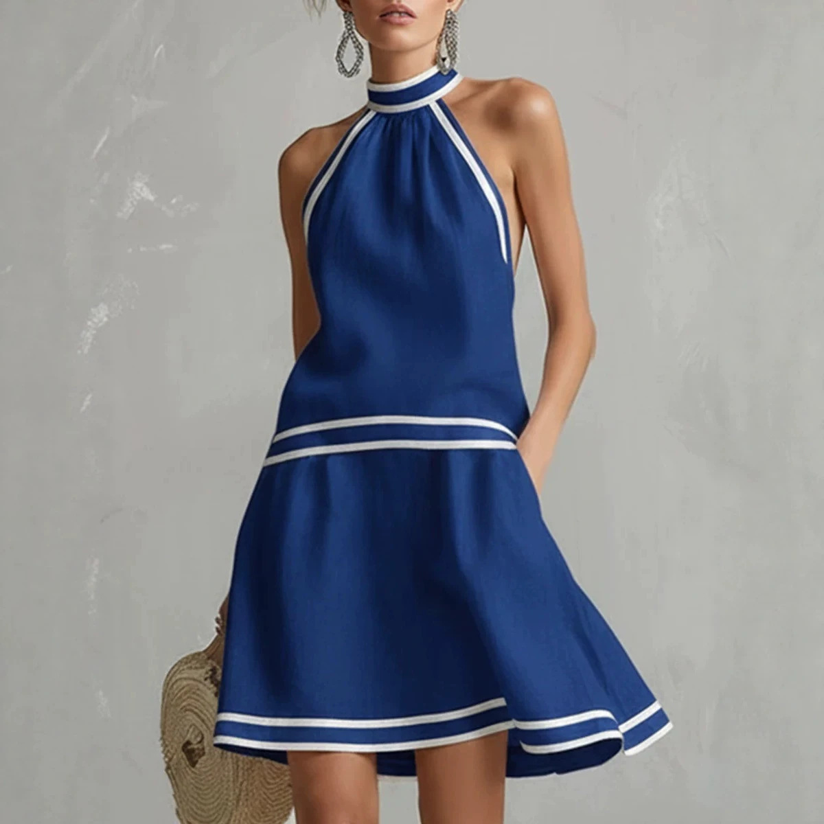 Striped Trim Halter Sleeveless A-Line Dress