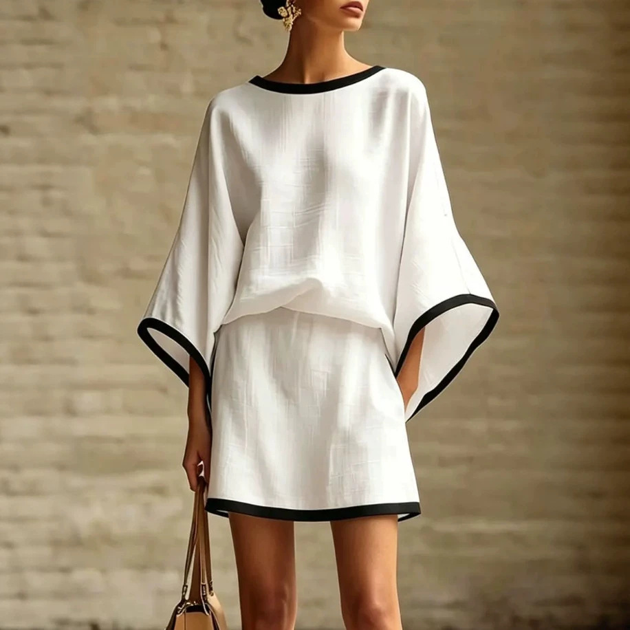 Women's Cotton-Linen Batwing Sleeve Top and Skirt Two-Piece Set