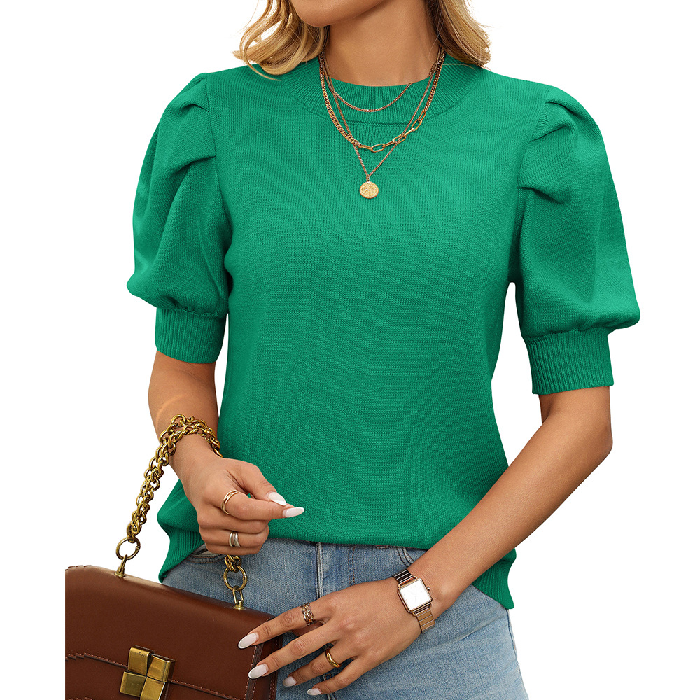 Women's Casual Crewneck Puff Sleeve Sweater Solid Short Sleeve