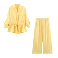 Women's Two-Tone Collared Long-Sleeve Shirt and Pants Set