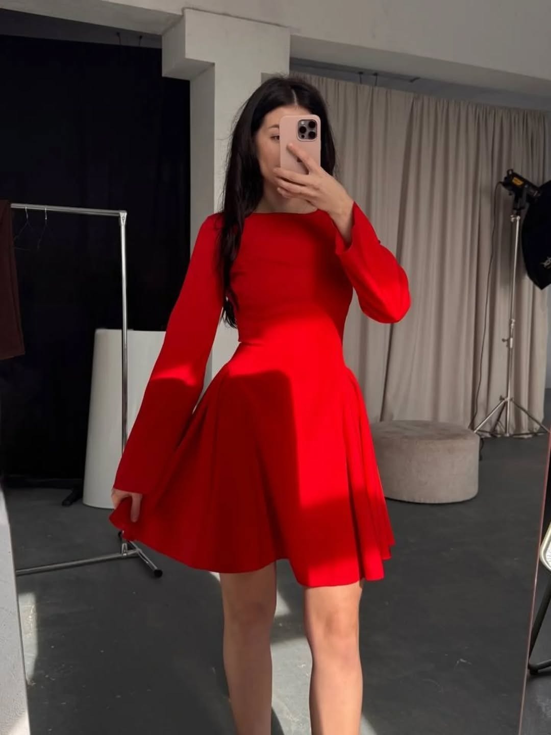 Elegant Long-Sleeve Short Dress with Boat Neck