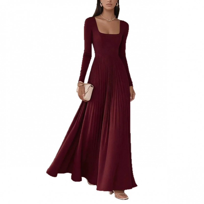Square Neck Long Sleeve Pleated Maxi Dress Waist-Cinched Evening Gown