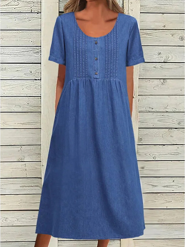 Women's U-Neck Midi Denim Dress Short Sleeve Elegant