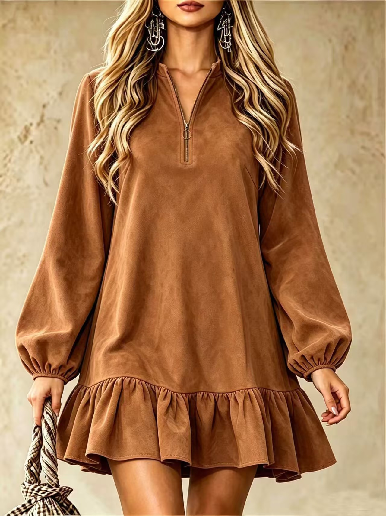 Women's Loose Long Sleeve V-Neck Mini Dress
