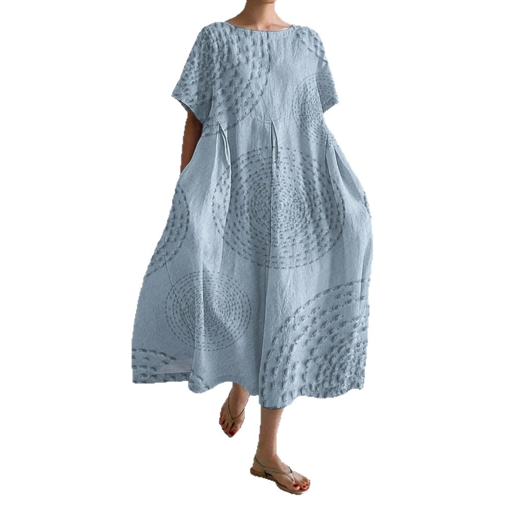 Women's Vintage Floral Print A-Line Midi Dress with U-Neck and Short Sleeves