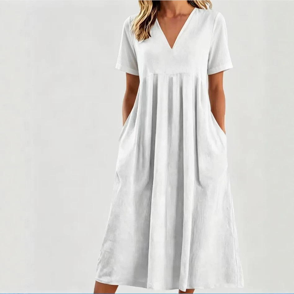 Solid V-Neck Short Sleeve Loose Casual Dress