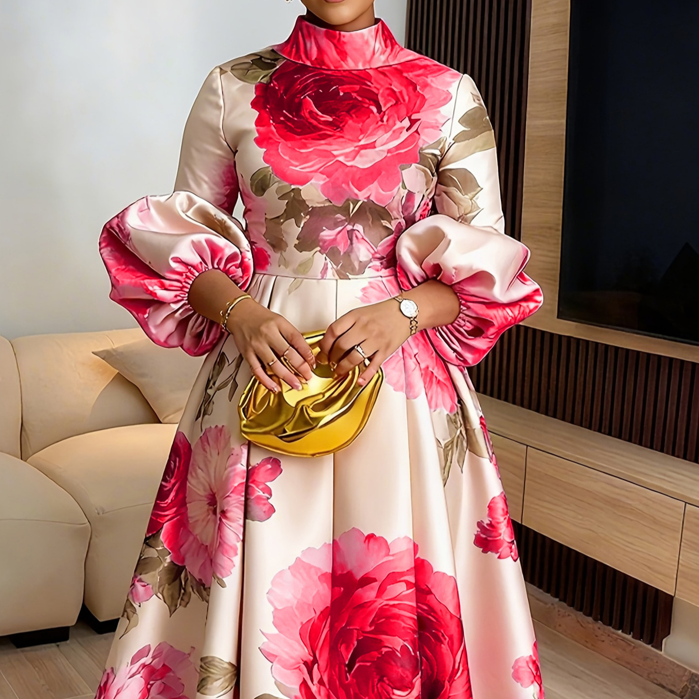Vintage Floral Print High Neck Long Dress