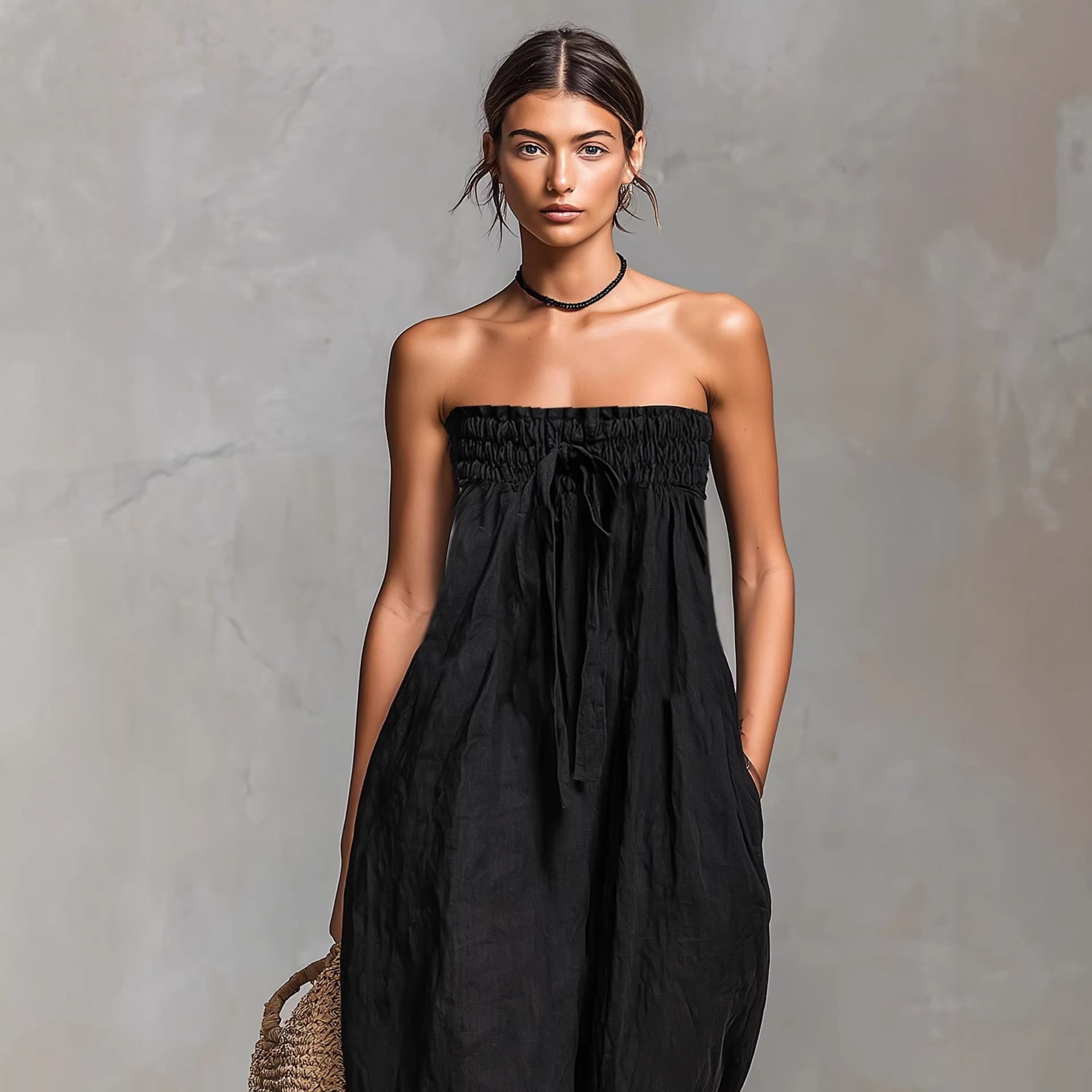 Women's Cotton-Linen Blend Strapless Tube Jumpsuit with Straight-Leg Pants