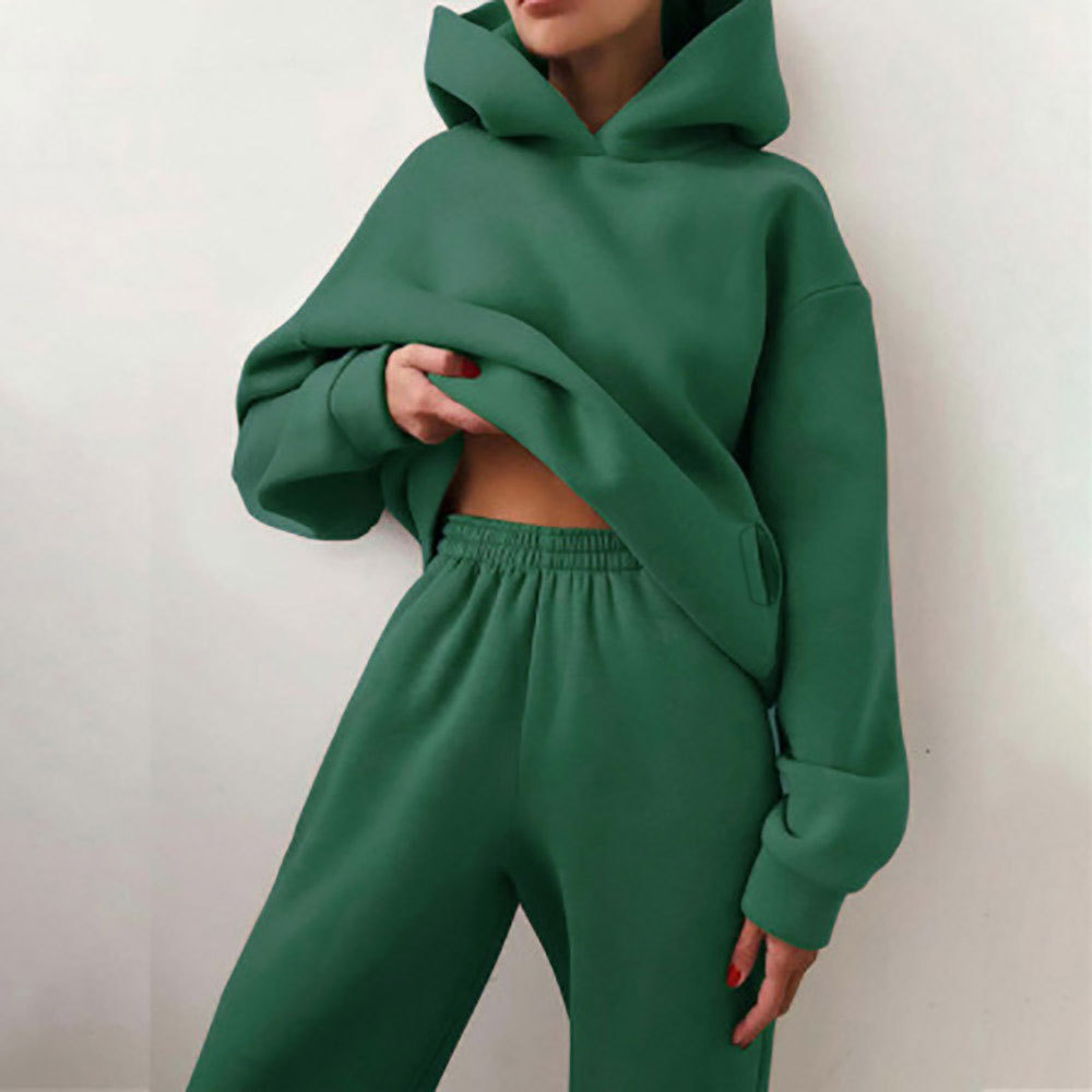 Women's Solid Color Hooded Sweatshirt and Pants Two-Piece Casual Set