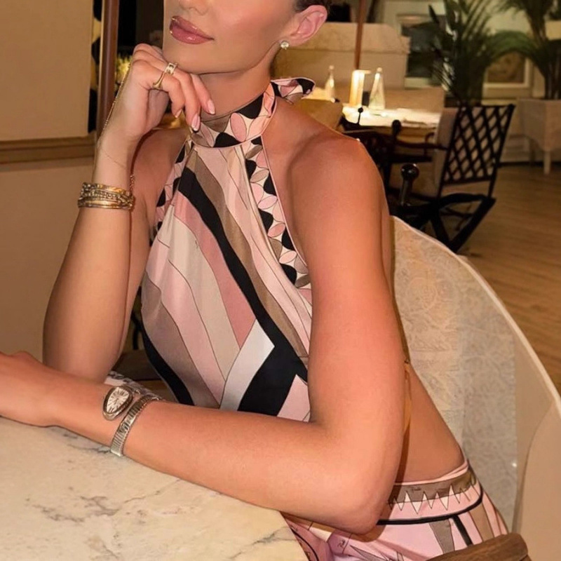 Satin Halter Neck Open Back Printed Two-Piece Skirt Set