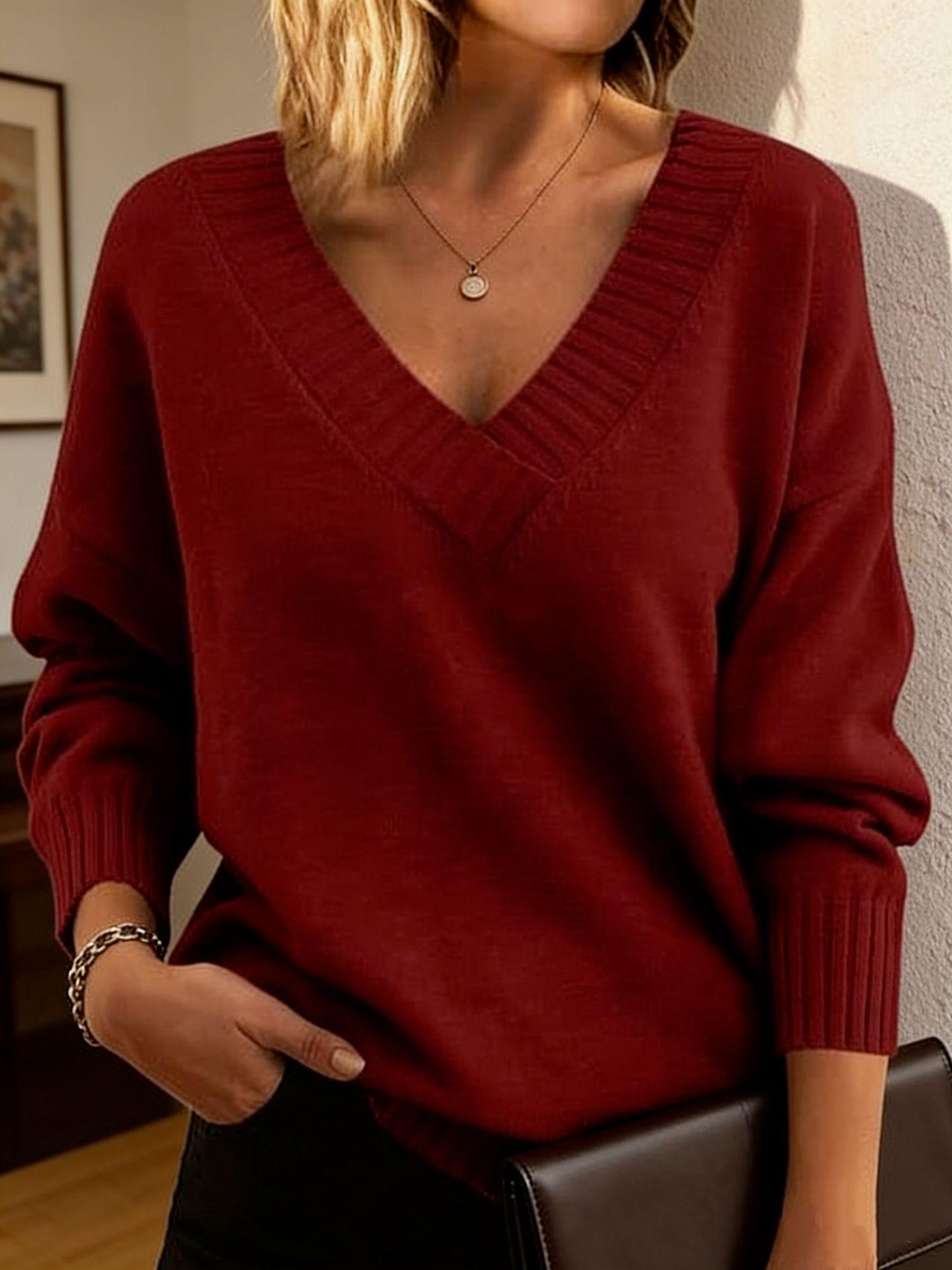 Women's Loose V-Neck Pullover Sweater Solid Color Knit Top