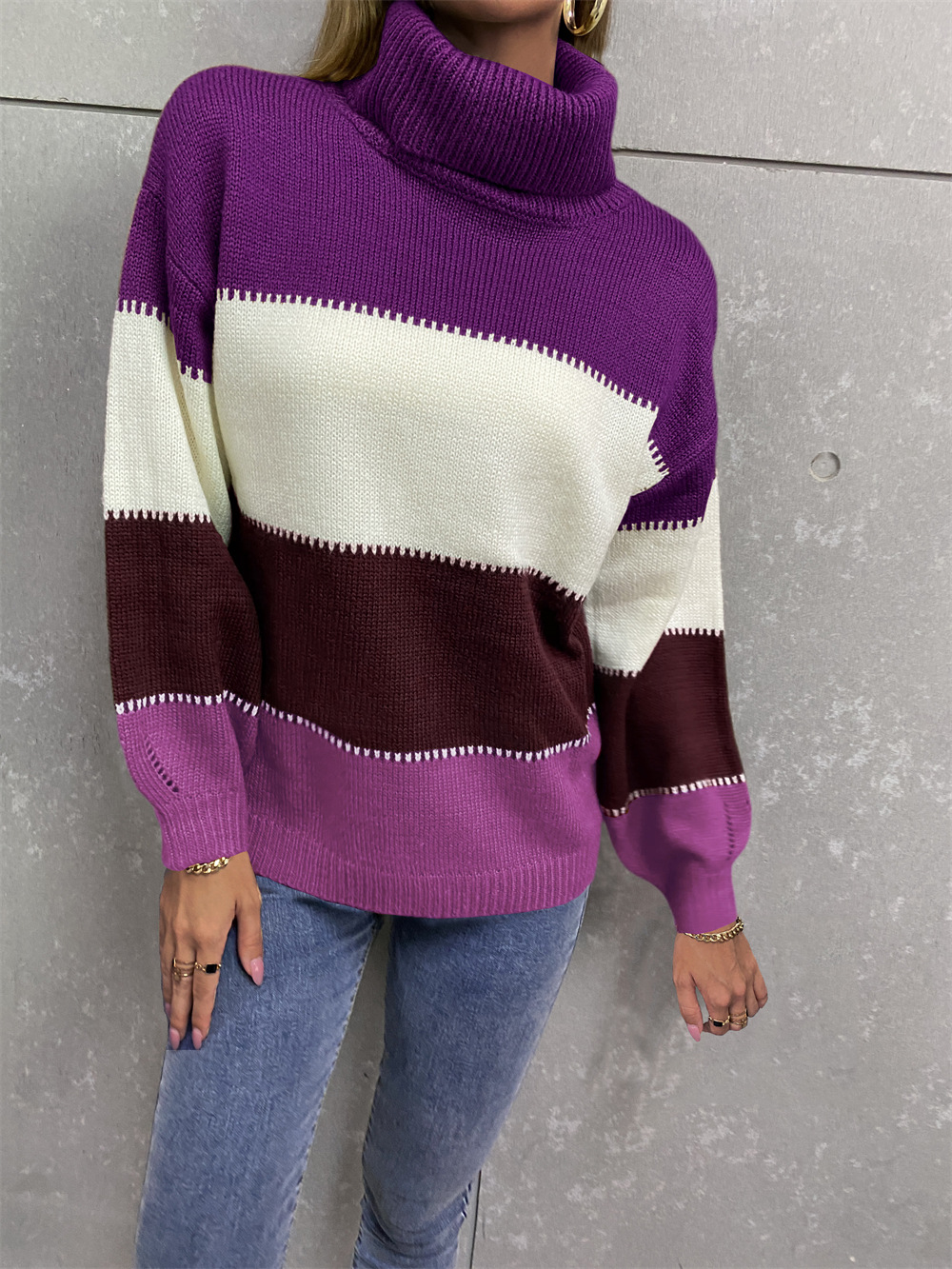 Women's Turtleneck Color-Block Knit Sweater