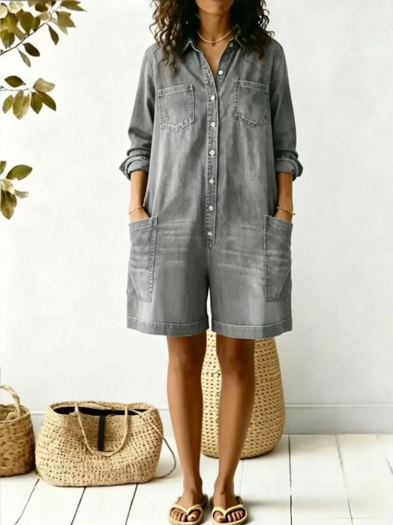 Women's Loose Faux Denim Romper Long Sleeve Casual Dress