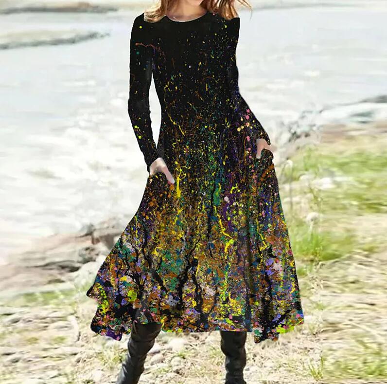 Women's Gradient Print A-Line Midi Dress with Pockets Long Sleeve Crew Neck