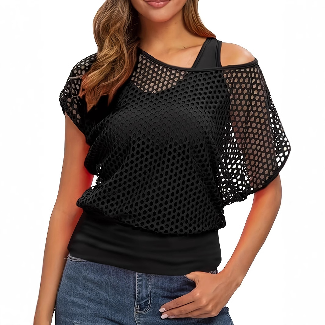 Women's Sheer Mesh Party T-Shirt Sexy See-Through Cutout Top