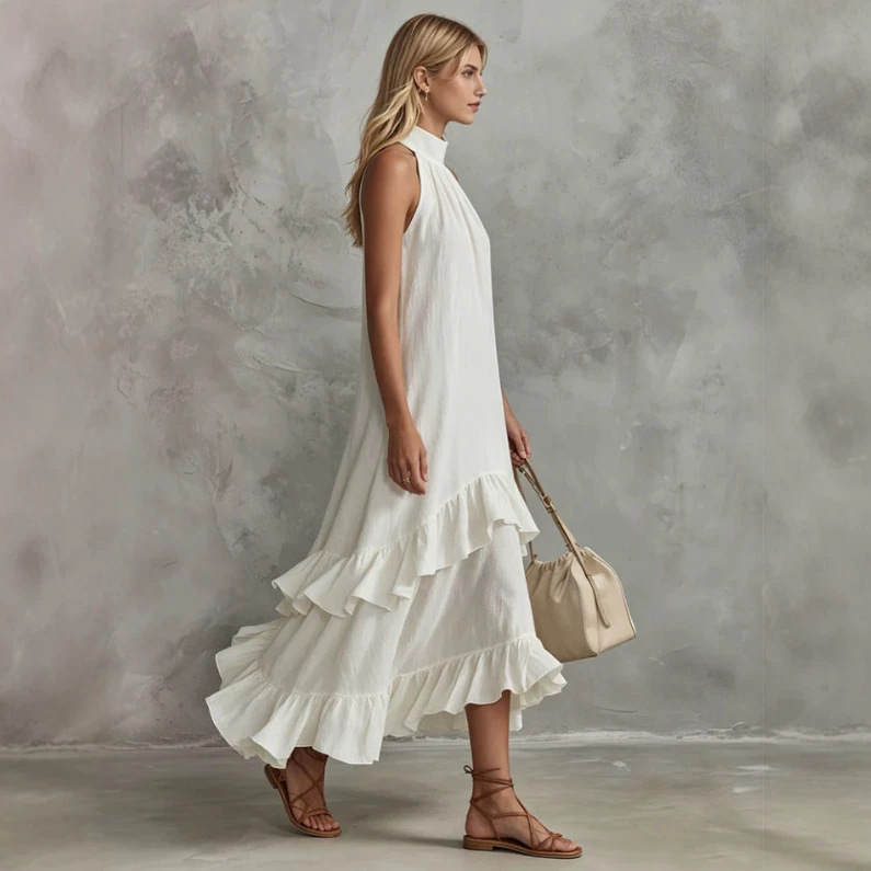 Vintage White Sleeveless Ruffle Midi Dress