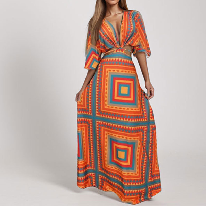 Women's Cutout Waist Printed Tie Dress