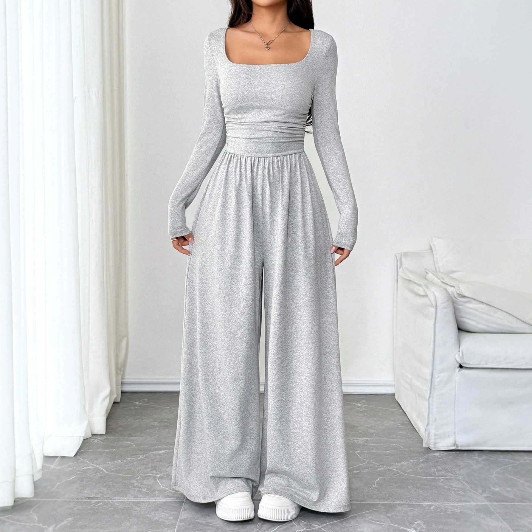 U-Neck Long-Sleeve Slimming Wide-Leg Jumpsuit