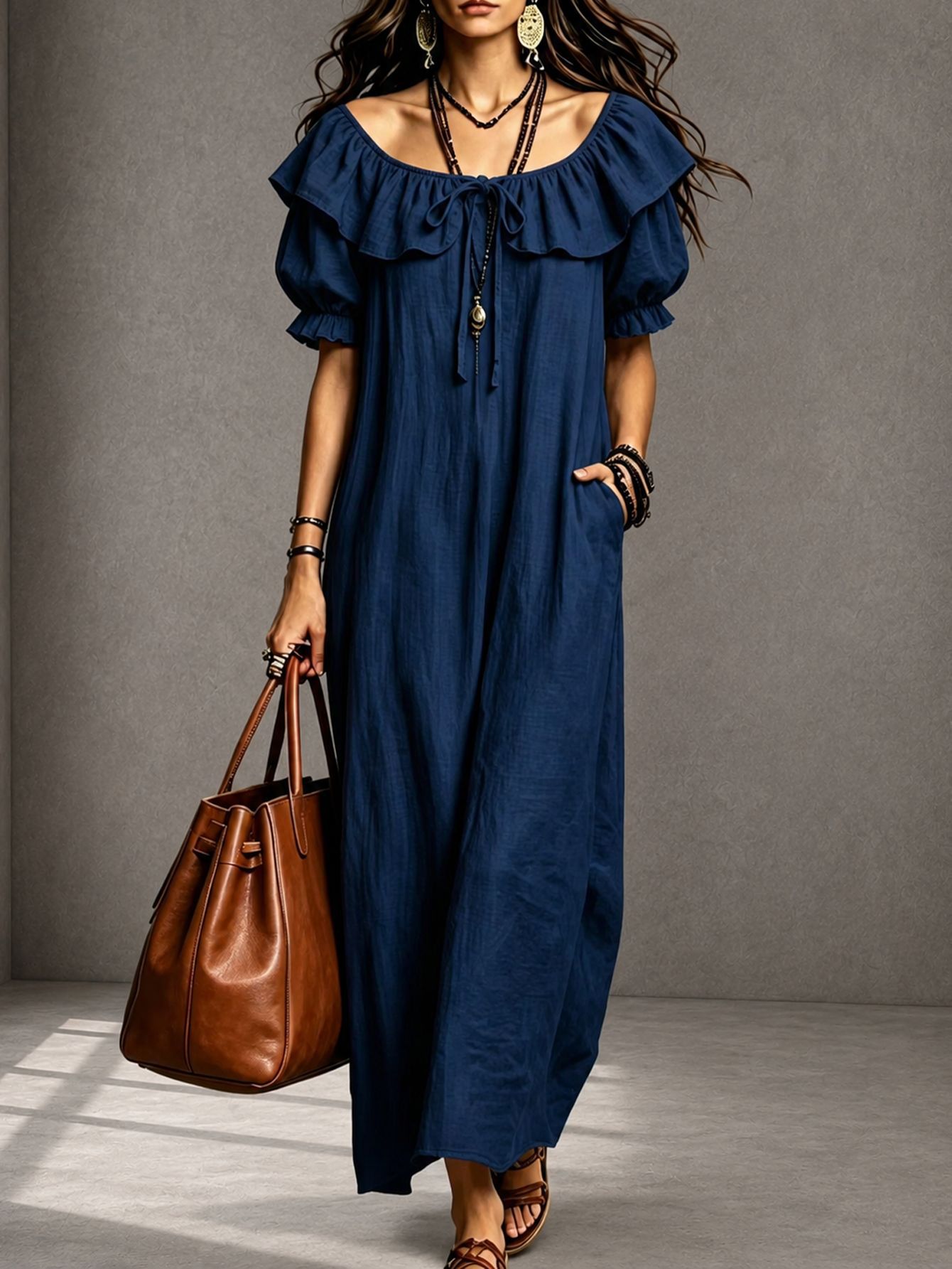 Ruffled Crew Neck A-Line Midi Dress for Beach Vacation