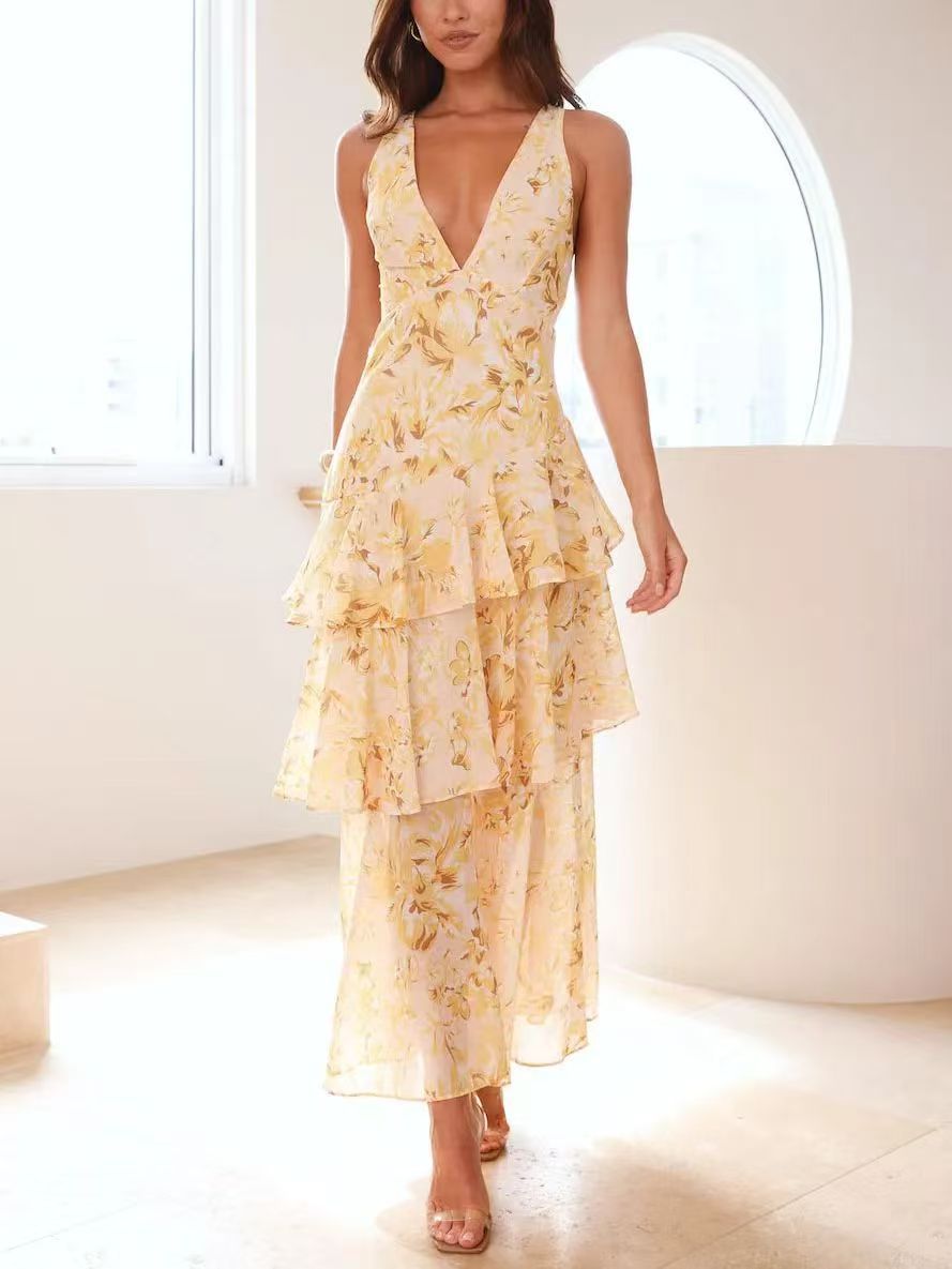 Women's Halter Neck Chiffon Dress Slim Fit Ruffle Hem