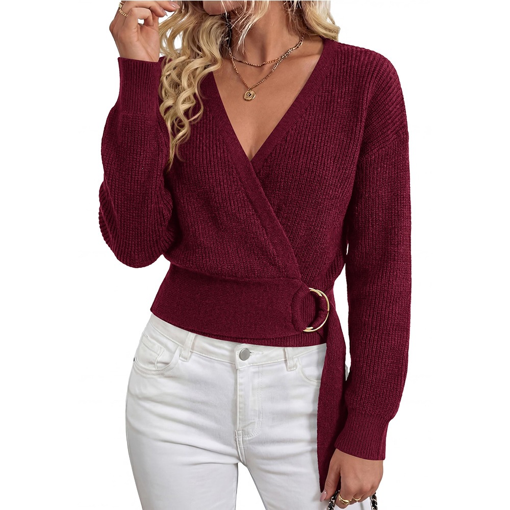 Metal Buckle V-Neck Knit Sweater