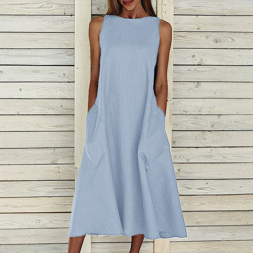 Solid Crewneck Short Sleeve Dress with Patch Pockets
