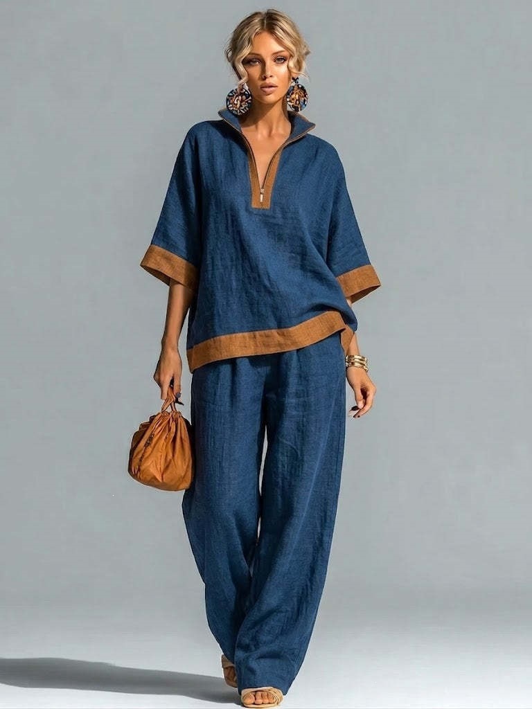 Women's Color-Block Half-Zip Linen Top and Straight-Leg Pants Two-Piece Set