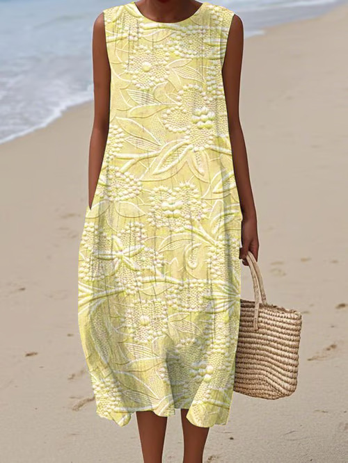 Women's Floral Petal 3D Print Sleeveless Midi Dress