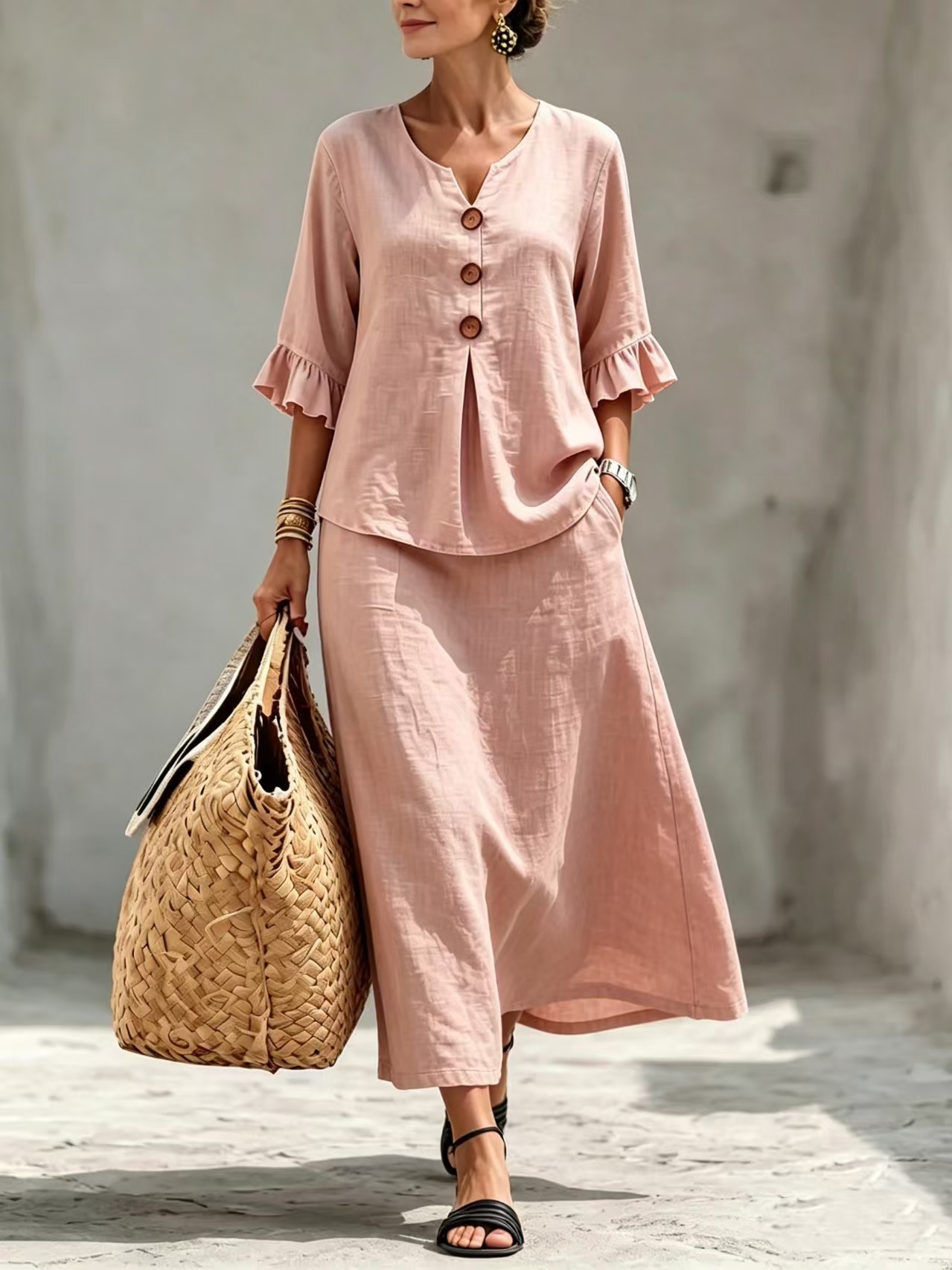 Women's Solid Button V-Neck Ruffle Three-Quarter Sleeve Top and Skirt Set