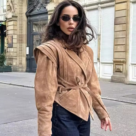 Women's Faux Suede Zip-Up Jacket with Waist Tie and Padded Shoulders
