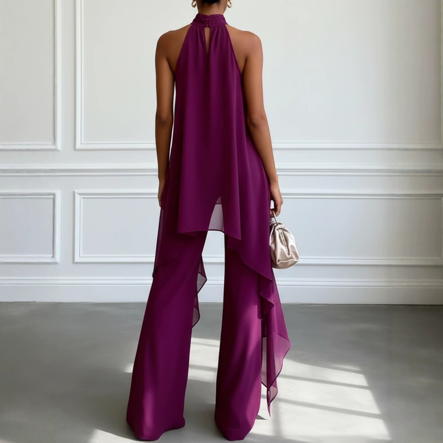 Women's Sleeveless Halter Chiffon Two-Piece Set Solid Color