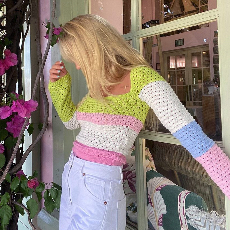 Women's Colorblock Open-Knit Long-Sleeve Top