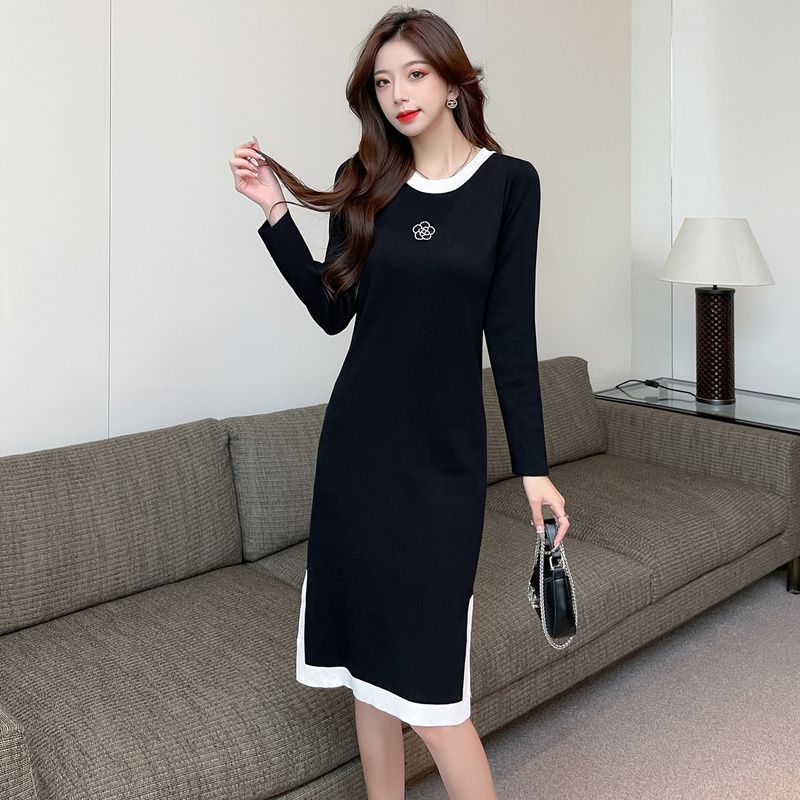 Women's Knit Round Neck Little Black Dress Slim Fit Long Split Hem