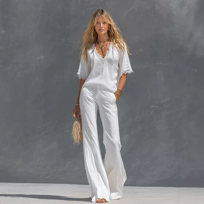 Women's Cotton-Linen Lace Two-Piece Set with Wide-Leg Pants Vacation Beach Outfit
