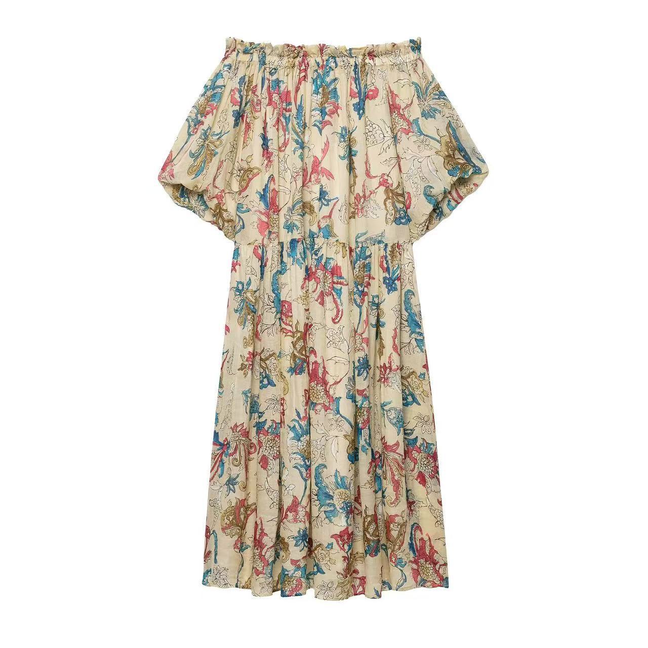 Women's Ramie Print Midi Dress with Lapel Collar
