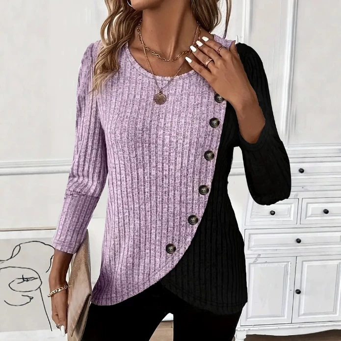 Women's Colorblock Ribbed Knit Long Sleeve Round Neck T-Shirt with Cross Hem