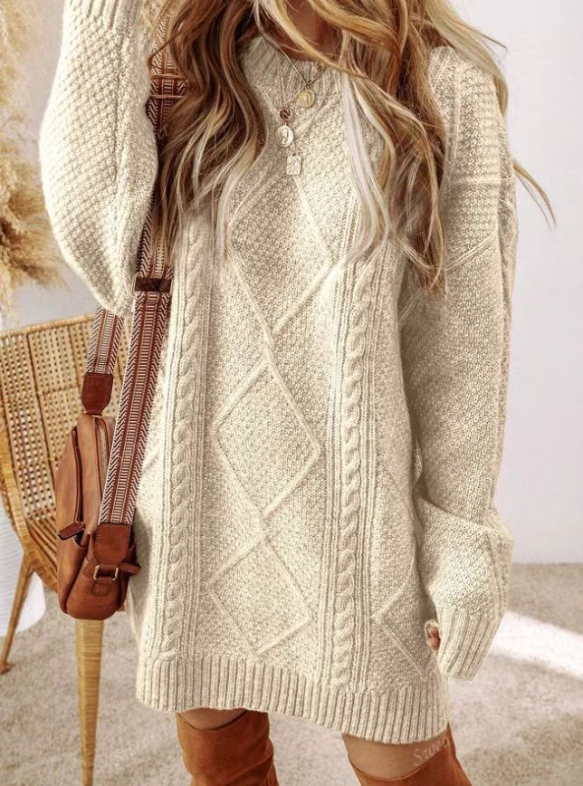 Cable-Knit Sweater Dress Relaxed Crew Neck Knee-Length
